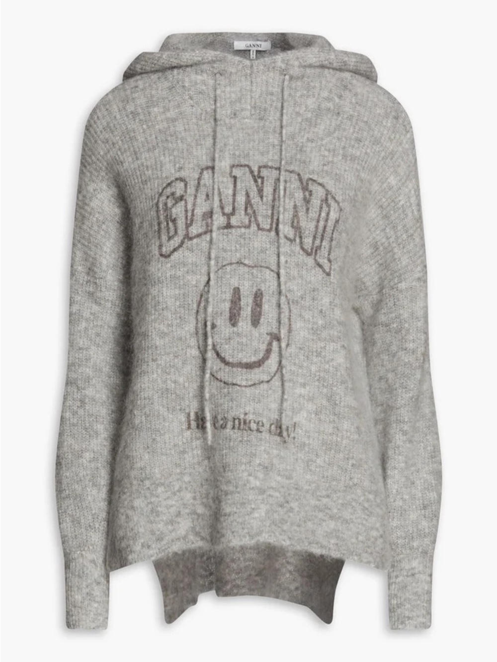 Ganni Paloma Melange Mohair Wool Hooded Sweater Have a Nice Day Graphic Sz M NWT